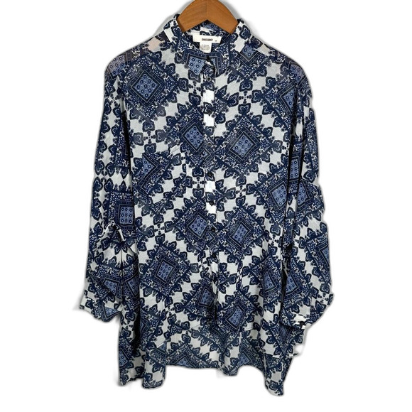 Sans Souci Blue White Paisley Patterned Tunic Button-Up Shirt Size Medium - Picture 2 of 16